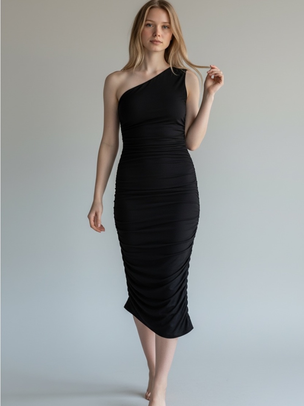 PrettyGarden Black One Shoulder Ruched Bodycon Dress Size Medium New with Tags